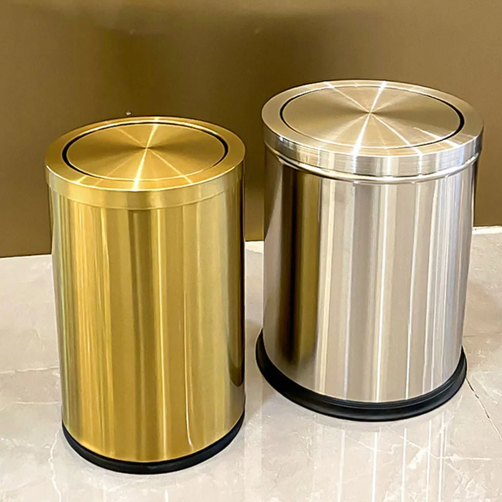 9L Stainless Steel Trash Can Kitchen Metal Gold Trash Can with Flipping Lid Hotel House Container Recycling Cleaning Tools