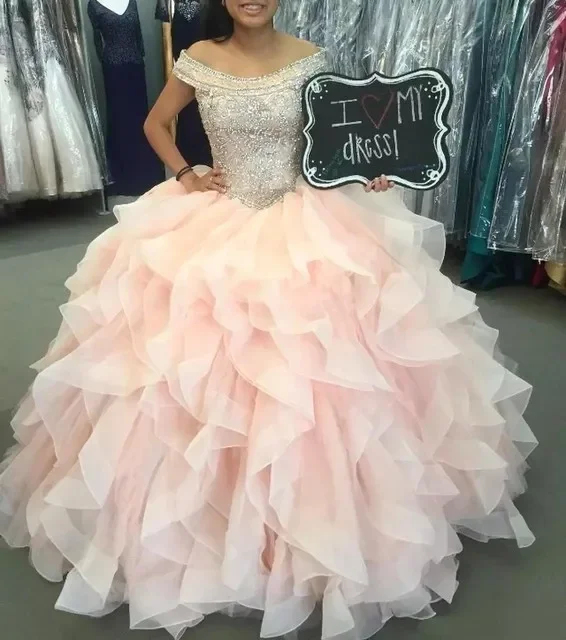 Quinceanera ثوب الكرة قبالة الكتف ، فساتين الأميرة الحزب ، بلينغ ، الكشكشة مطرز ، أزياء عيد ميلاد