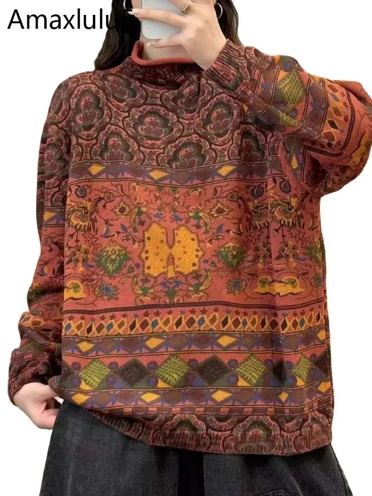 

Amax LuluE 2024 Fashion Pullover Woman Winter Printed Loose Knitted Sweaters Vintage Turtleneck Oversized Classic Cotton Jumpers