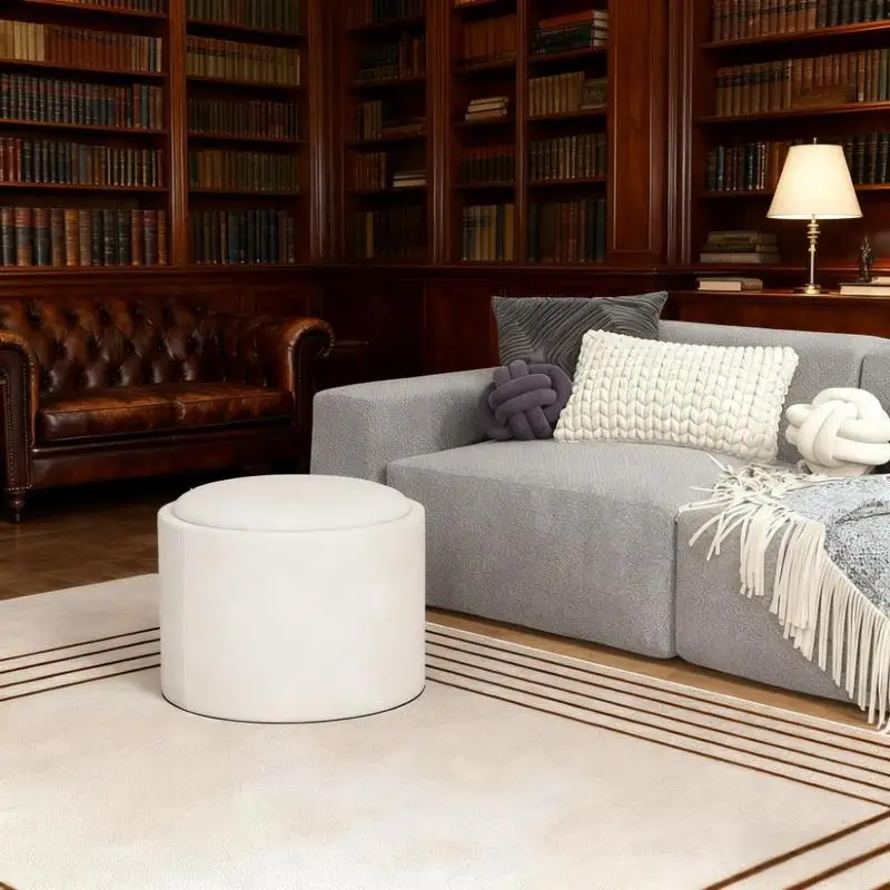 

Round Storage Ottoman with Flip Top Tray, Linen Fabric Upholstered Footstool, Multifunctional Furniture for Living Room or