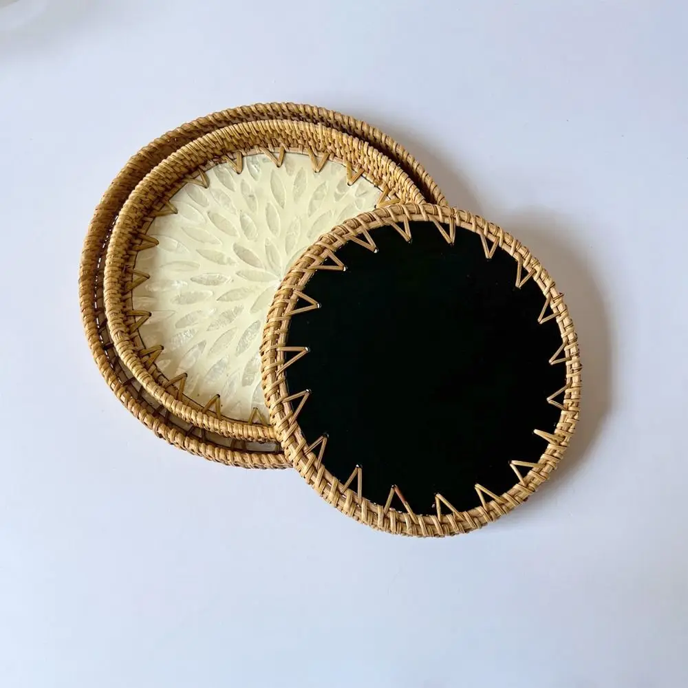 Creative Gift Shell Mosaic Round Woven Tray Handmade Decorative Decorative Wall Plate Home Decor Rattan Serving Tray