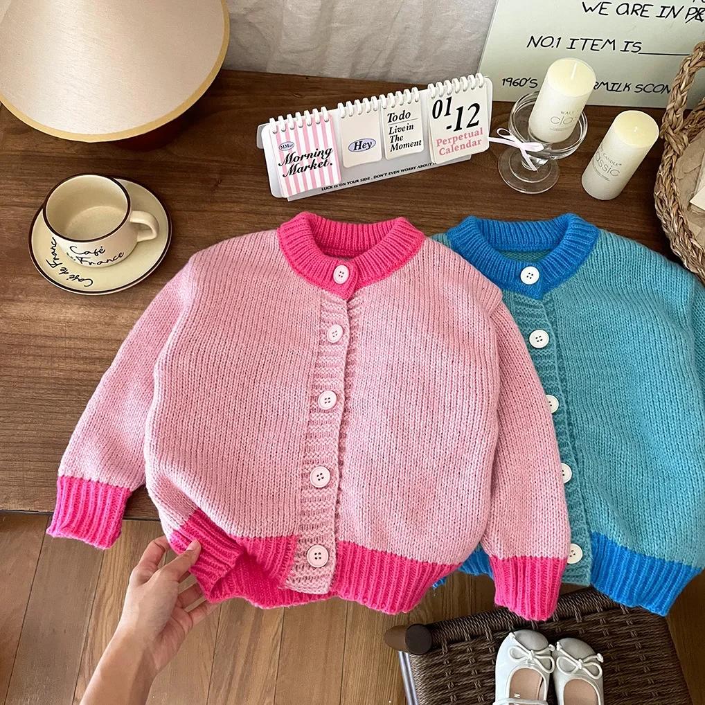 Autumn Baby Girls\' Knitted Sweater Spring Korean Clothing Stylish Candy Color Contrasting Loose Children\'s Outerwear Cardigan