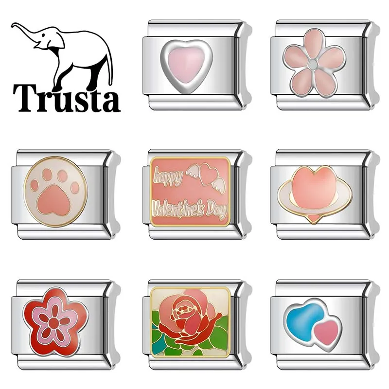 Trusta 2024 New Fashion Flower Heart Charms Italian Links 9mm Stainless Steel Bracelet for Women DIY Jewelry N221