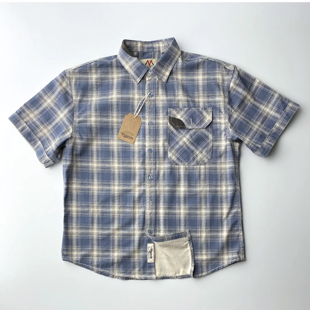 2025 Summer New American Retro Short Sleeve Lapel Plaid Cargo Shirt Men's Simple 100% Cotton Washed Single Pocket Casual Blouses