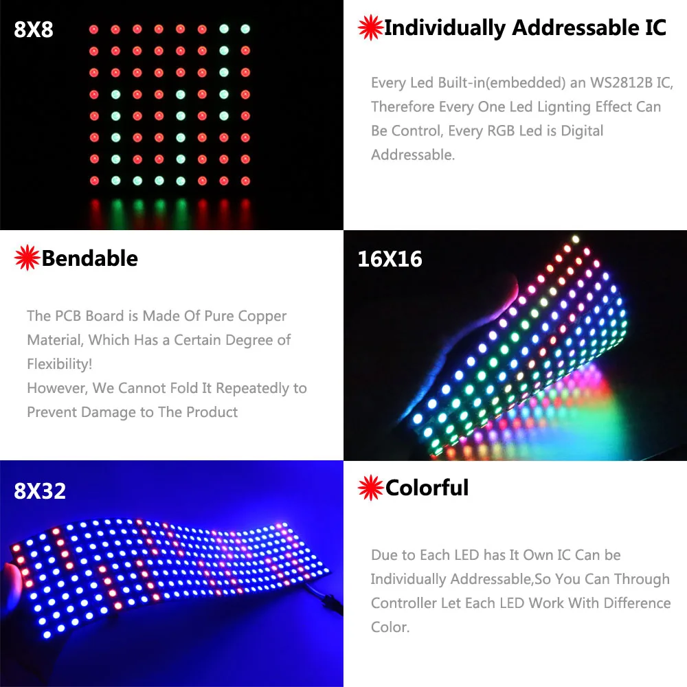 WS2812 WS2812B Digital Flexible Led Panel 8*8 16*16 8*32 Pxiels,WS2812 Individually Addressable RGB Full Dream Color DC5V