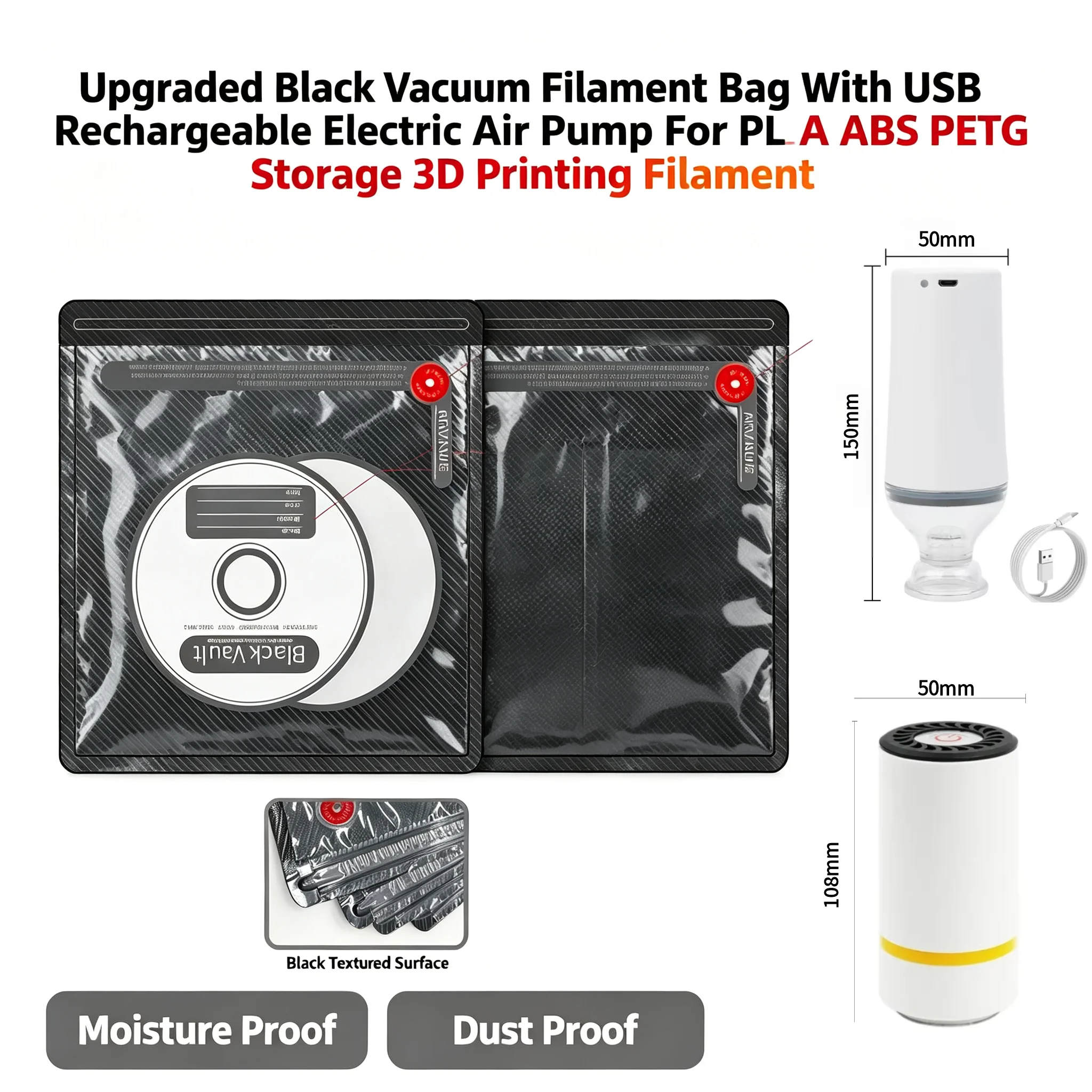 

Upgraded Black Vacuum Filament Bag With USB Rechargeable Electric Air Pump For PLA ABS PETG Storage 3D Printing Filament 3D PART