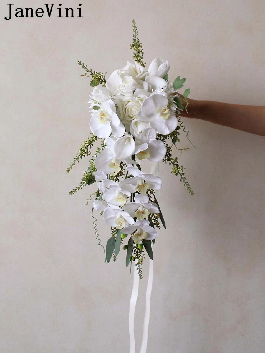 JaneVini White Butterfly Orchid Waterfall Wedding Bouquet Bride Artificial Cascading Bridal Flowers Bouquet Fleur Artificielle