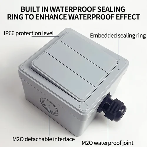 Imagen 2 del producto Interruptor de pared para exteriores con clasificación IP66, pulsador resistente a la intemperie, 1/2/3 entradas 16A para el hogar y el jardín