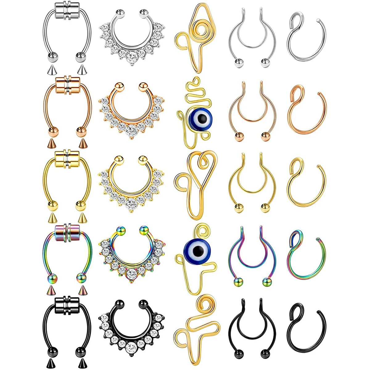 

25PCS/Set Fake Septum Nose Rings Hoop for Women Men Girls Stainless Steel Faux Piercing Jewelry Fake Lip Ear Nose Ring Hoop