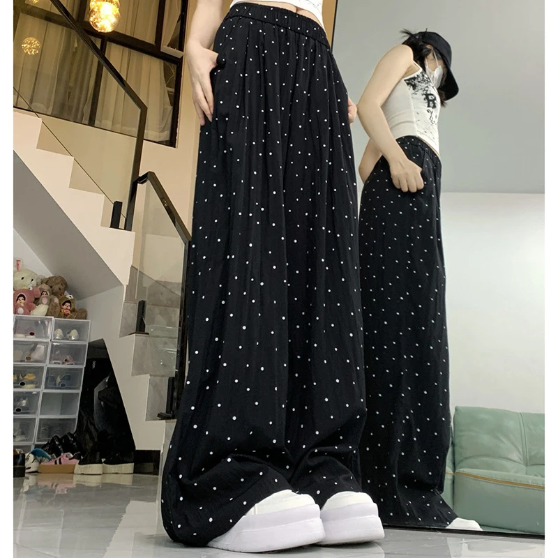 Summer Women Daily Thin Casual Pants Girls Comfortable Baggy Wide Leg Trousers Lady High Waisted Apricot Black Loose Dots Slacks