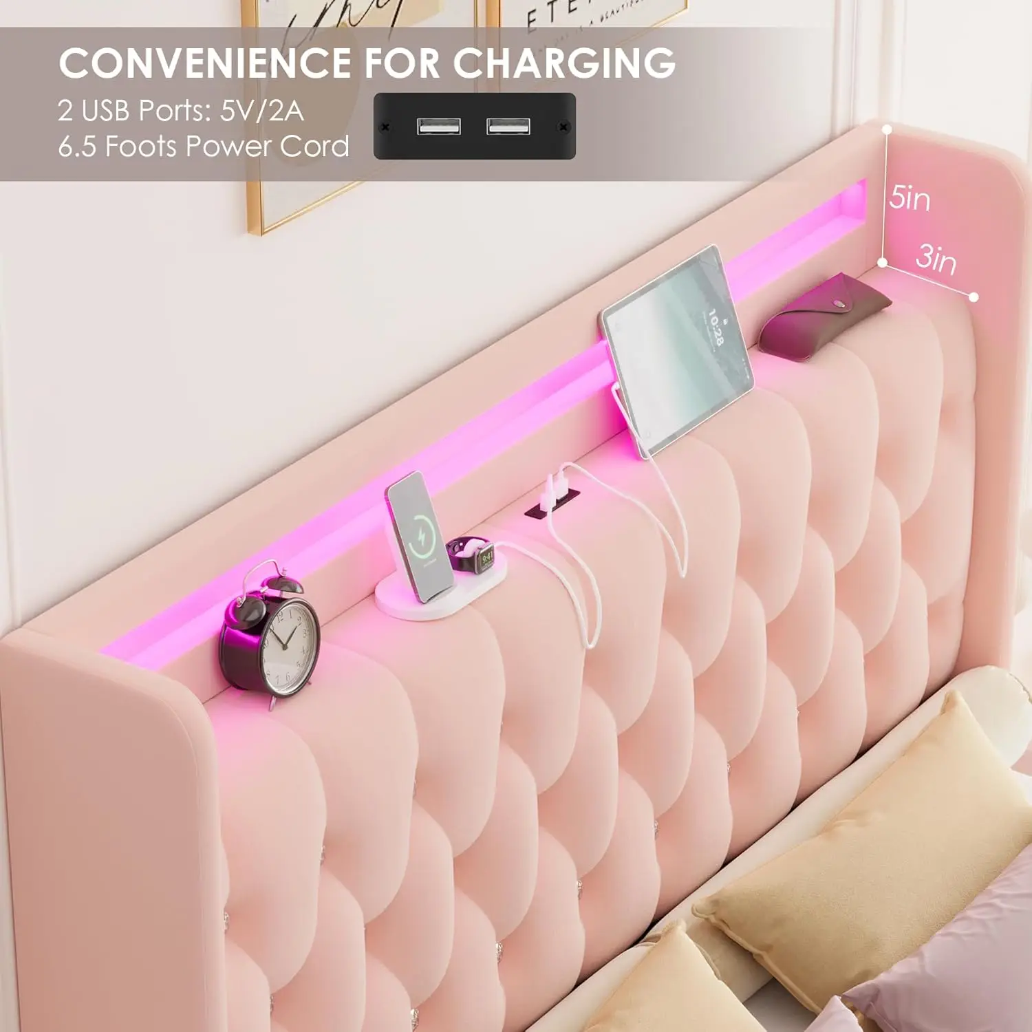 Upholstered Full Size LED Bed Frame with Charging Station & 4 Storage Drawers, Velvet Crystal Button-Tufted Wingback Headb