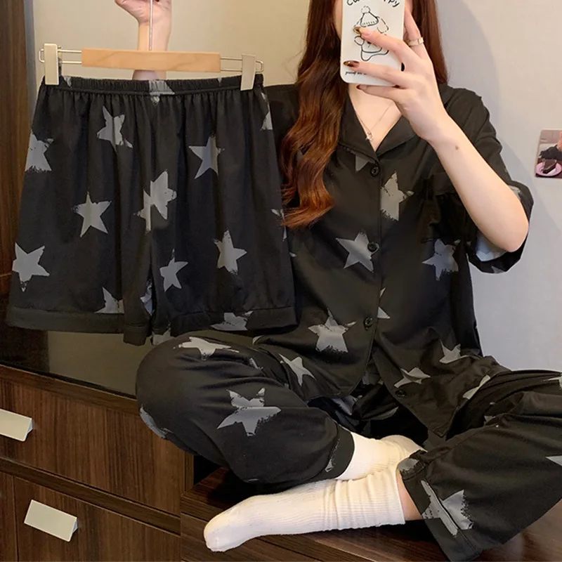 

New Spring and Summer Black Premium Star Print Women's Pajamas, Short Sleeve Three-Piece Set, Korean Style Lightweight Homewear