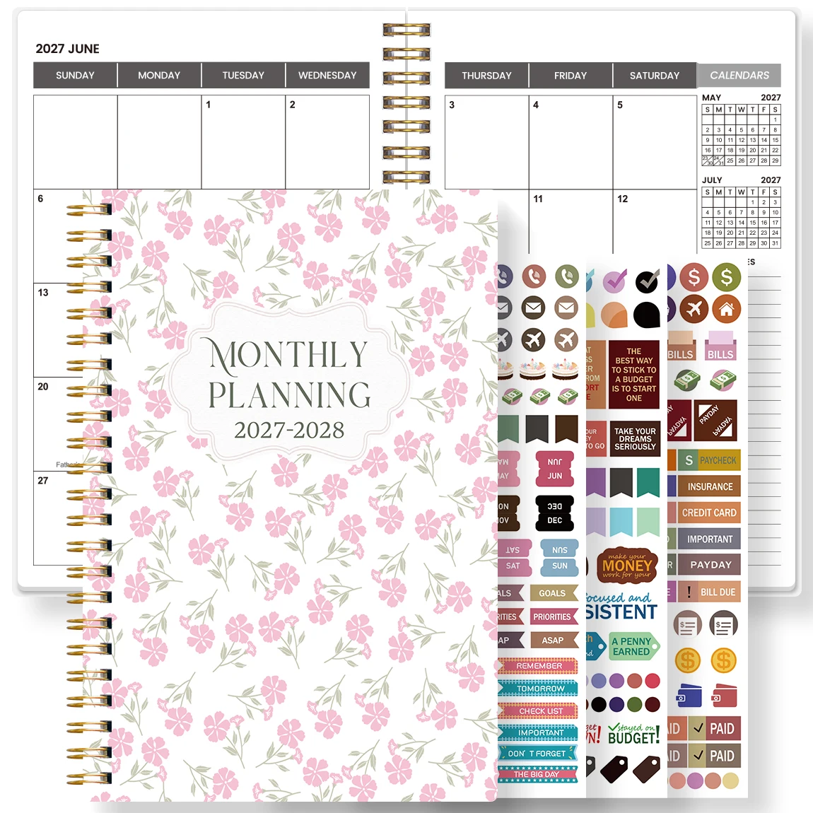 1PC 2027-2028 A5 Monthly Planner Notebook with Stickers, Pink Floral Spiral Organizer for Work, School, Home & Daily Planning