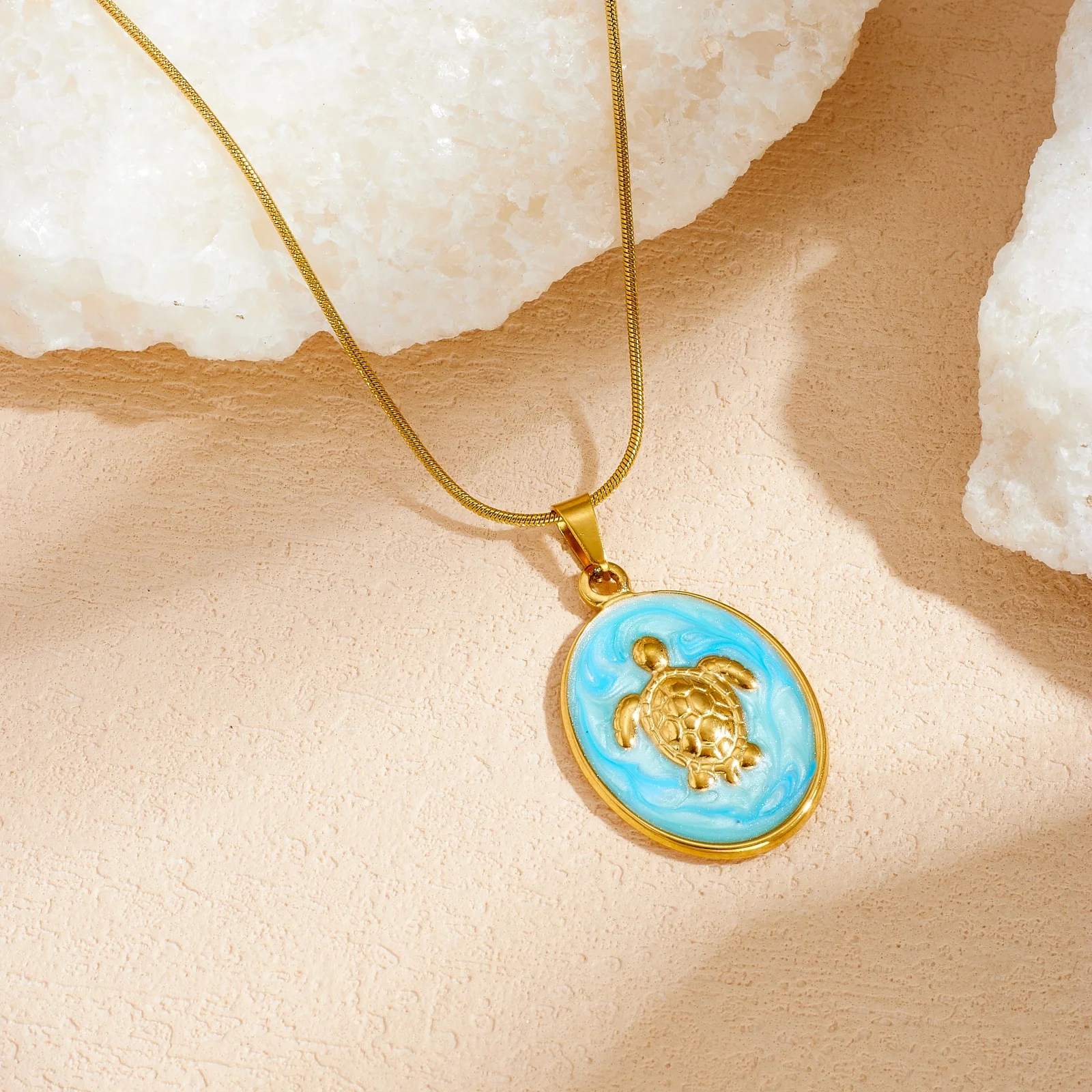DIEYURO 316L Stainless Steel Blue Enamel Oval Inlay Sea Turtles Ocean Pendant Necklace Women Vacation Neck Chain Jewelry Gift view 3