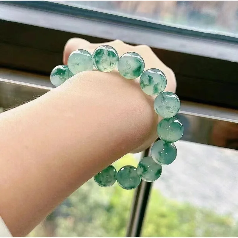 Natural Burmese Ice Jadeite Beads Blue Inclusions, Old Mine Round Bead Bracelet and Necklace with Certificate