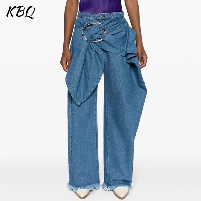 

KBQ Solid Irregular Designer Jeans For Women High Waist Patchwork Pockets Minimalist Straight Pants Female Fashion Clothing New