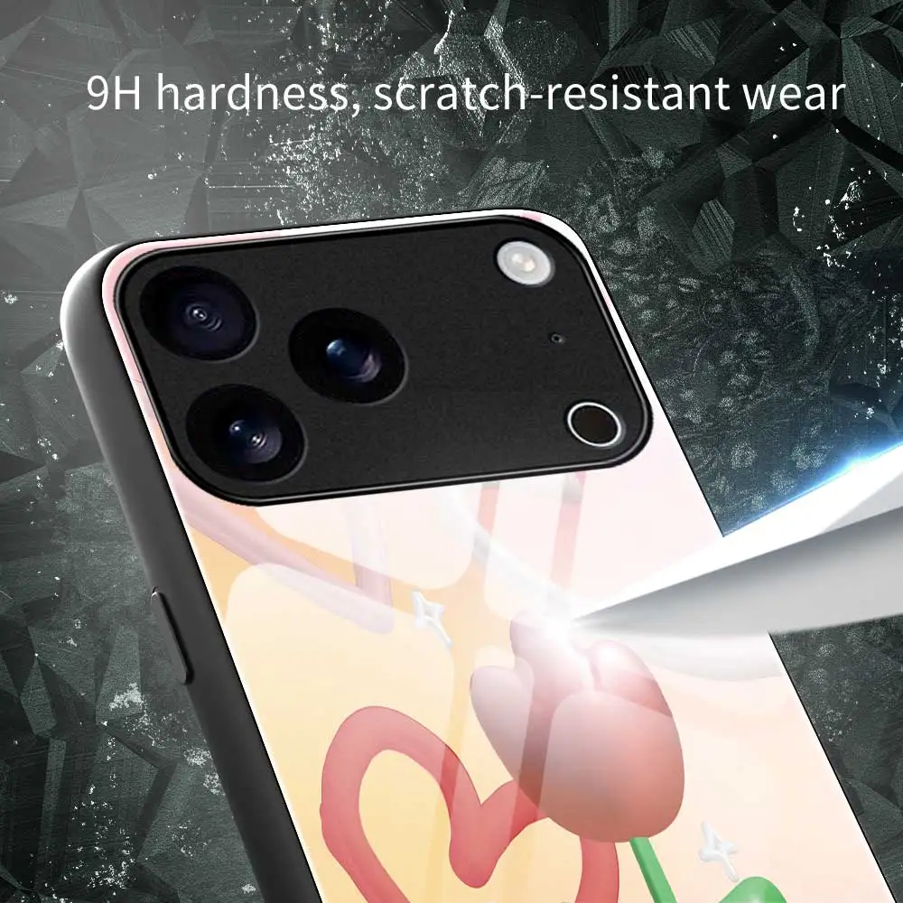 حافظة هاتف على شكل قلب توليب لهاتف آيفون 17 16 15 14 13 12 11 Pro Max 12 Mini 16 Plus 17 Air 17Pro Max غطاء من الزجاج المقسى كابا