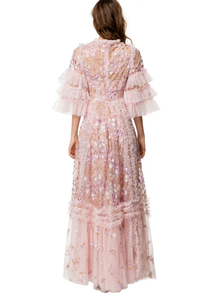 Qmqa moda feminina elegante vestido bordado rosa meados de manga em camadas plissado vestido grande balanço vestidos de noite 2025 novo qm705