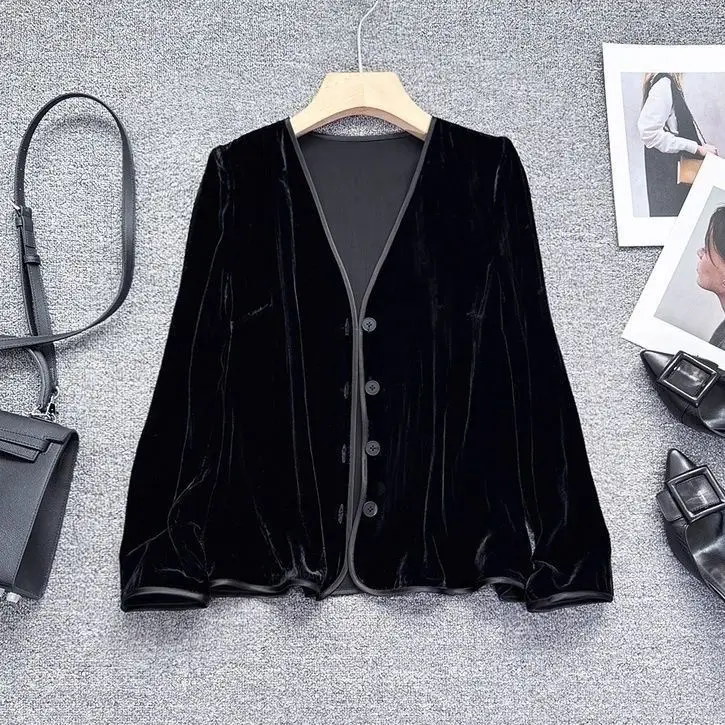 Autumn New Style Casual Loose Velvet Edged Simple All-Match Open Cardigan Slimming Outerwear Women's Fashion Polyester