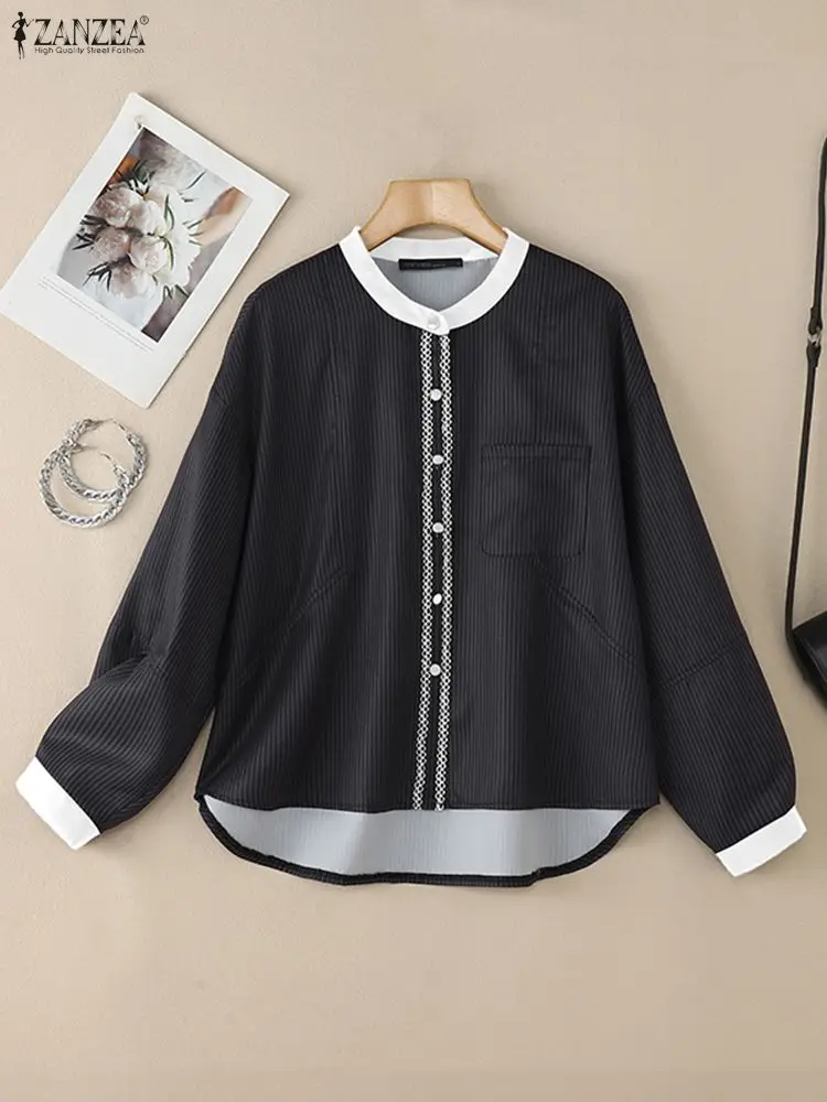 

ZANZEA 2025 Autumn Stripe Shirt Office Women Blouse Vintage O Neck Long Sleeve Tops Patchwork Blusas Casual Buttons Up Chemise