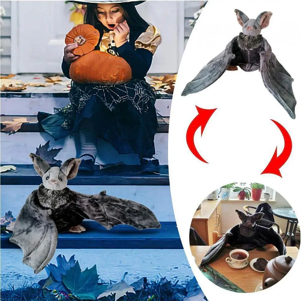 Vivid Stuffed Bat Doll Plush Throw Pillow with Realistic Foldable Wing Seat Cushion Halloween Xmas Ornament Bat Dolls Decor