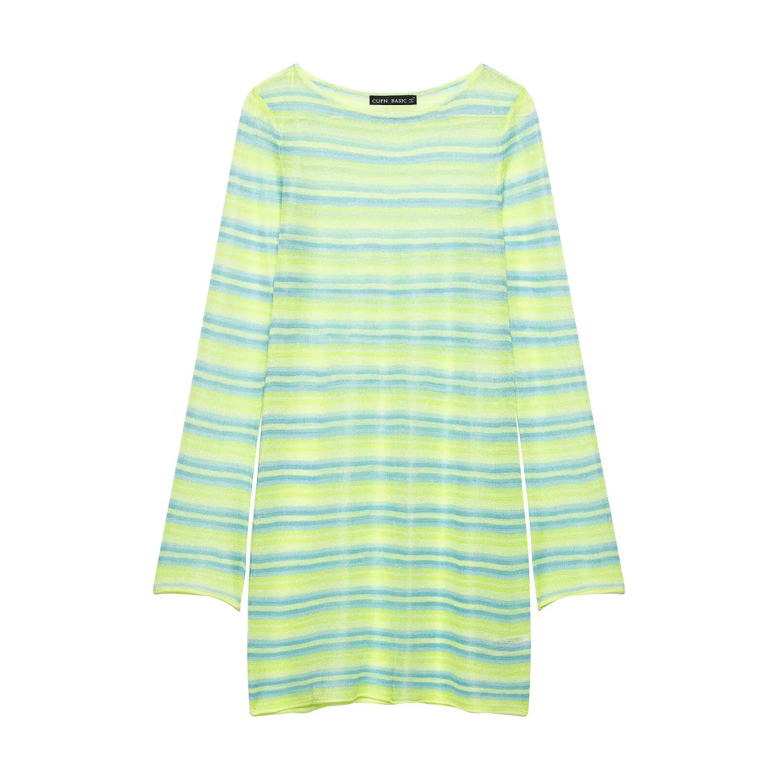 European and American style 2026 summer new mint green striped micro-transparent knitted dress fake trumpet sleeves