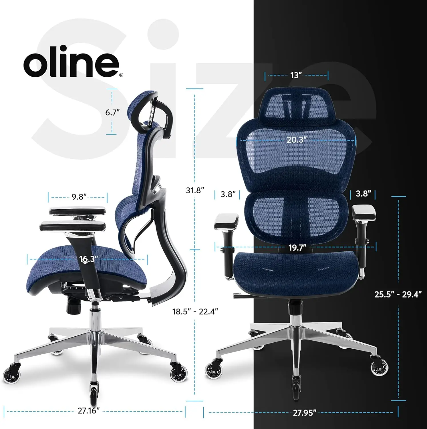 Oline ErgoPro Ergonomic Office Chair - Rolling Desk Chair with 4D Adjustable Armrest, 3D Lumbar Support and Blade Wheels - Mesh