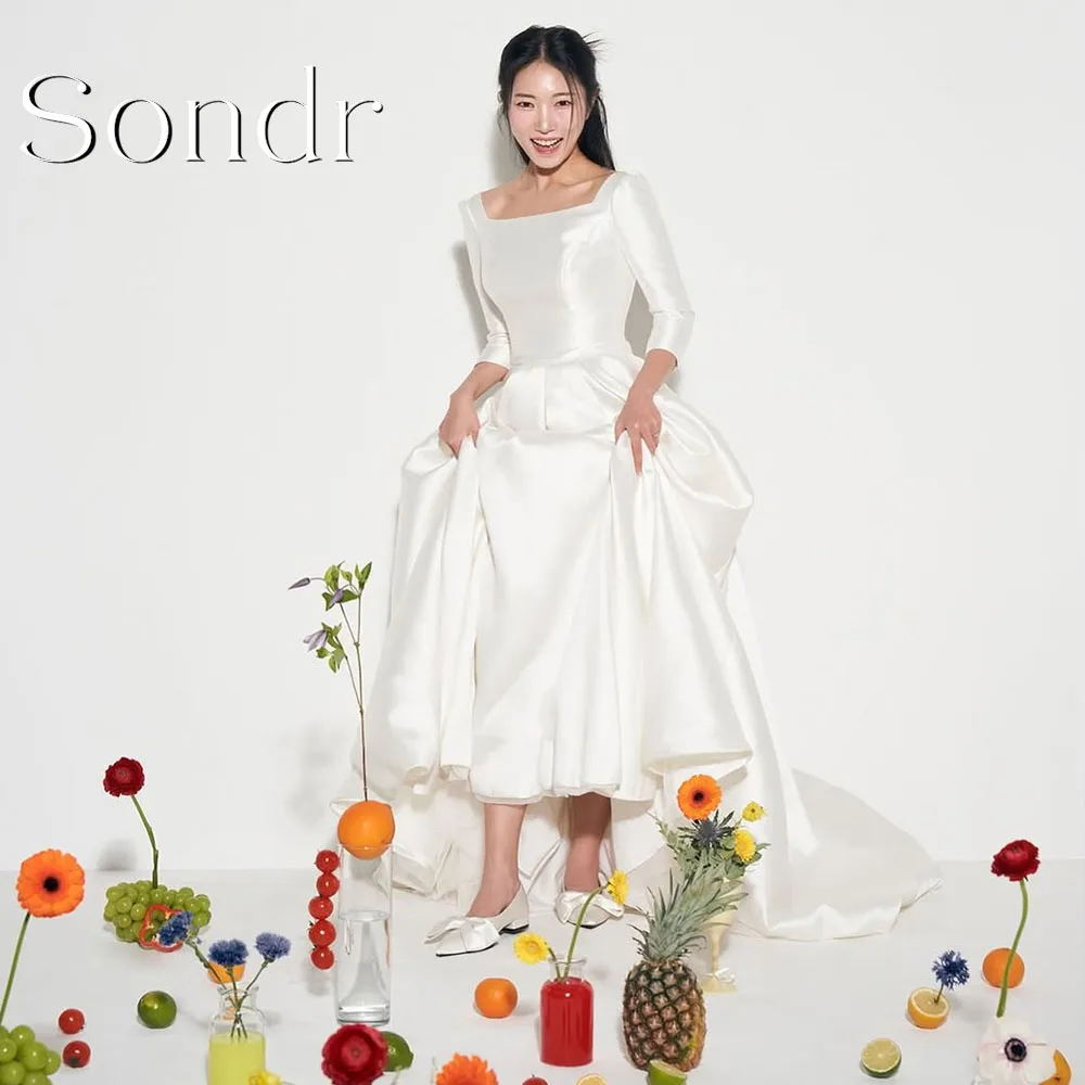 ชุดแต่งงานผ้าซาตินคอเหลี่ยมแบบสั่งตัดของ Sondr สำหรับถ่ายภาพสไตล์เกาหลี ชุดราตรีงานเลี้ยงยาวลากพื้น ชุดเจ้าสาว