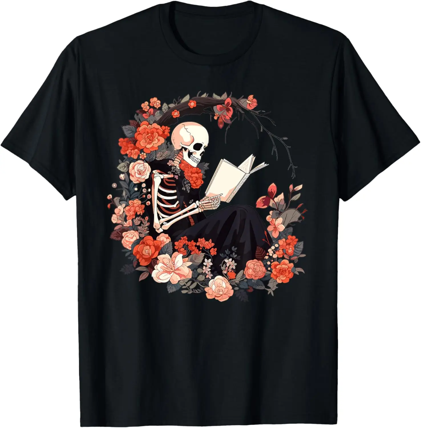 

Skeleton Reading Book Lover Floral Flowers Bookish Bookworm T-Shirt