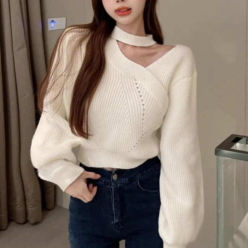 Women Elegant One Shoulder Knit Sweater Mock Neck Cutout Ribbed Crop Top Woman Long Sleeve Bodycon Sexy Party Top
