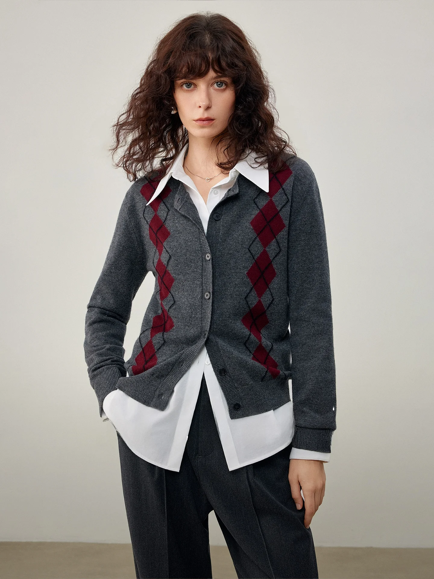 

Retro Knitted Cardigan Women's Long Sleeve Woolen Sweater Coat Diamond Pattern Color Block Storytelling Spring Fashion