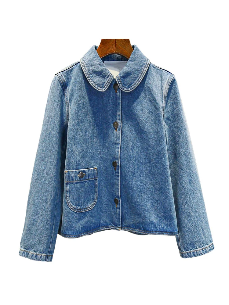 High-End Retro Waed Doll Kraag Denim irt Dames Top South Oil Premium Herfstcollectie Woon-werk Sle Loose Fit Lange Sl...