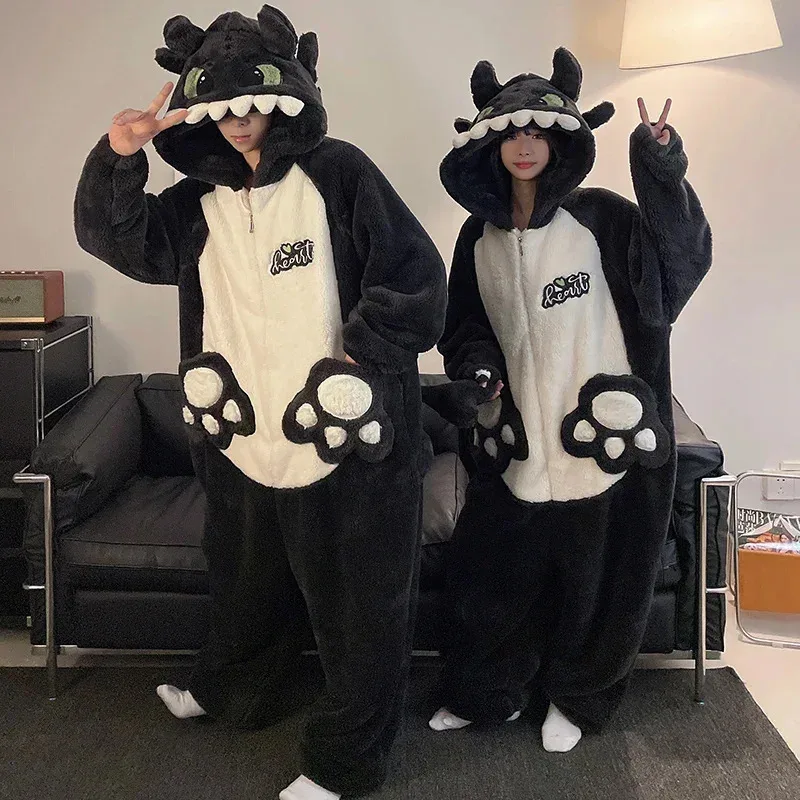 

Winter Couples Women’s Pajamas Kigurumis Dinosaur Jumpsuits Men Sleepwear Ladies Thicken Hooded Cartoon Pyjamas Fleece Loose