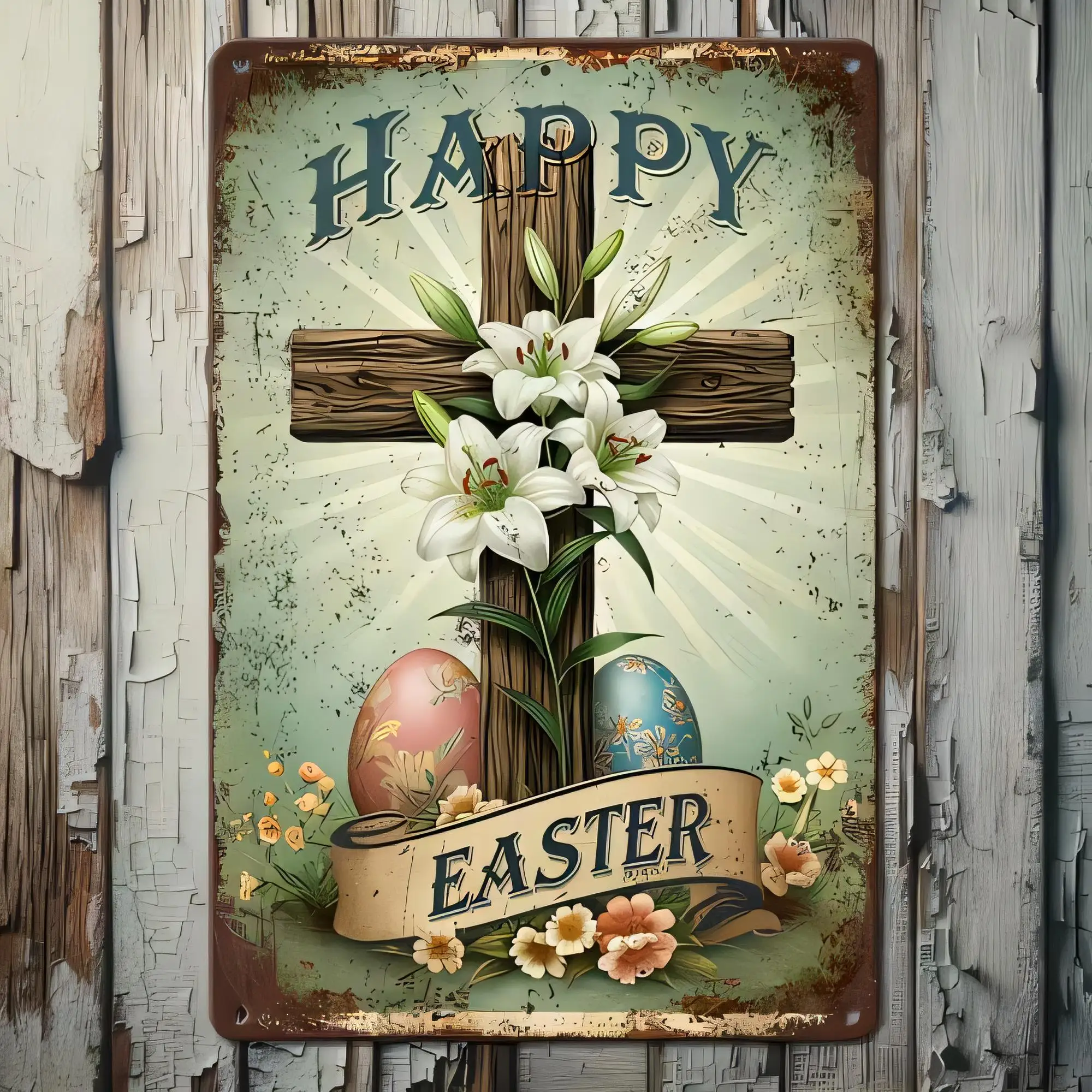 Tin Sign Happy Easter Farmhouse Metal Wall Decor Vintage Rustic Bunny Eggs Spring Floral Wooden Board Style Garden Porch Yard