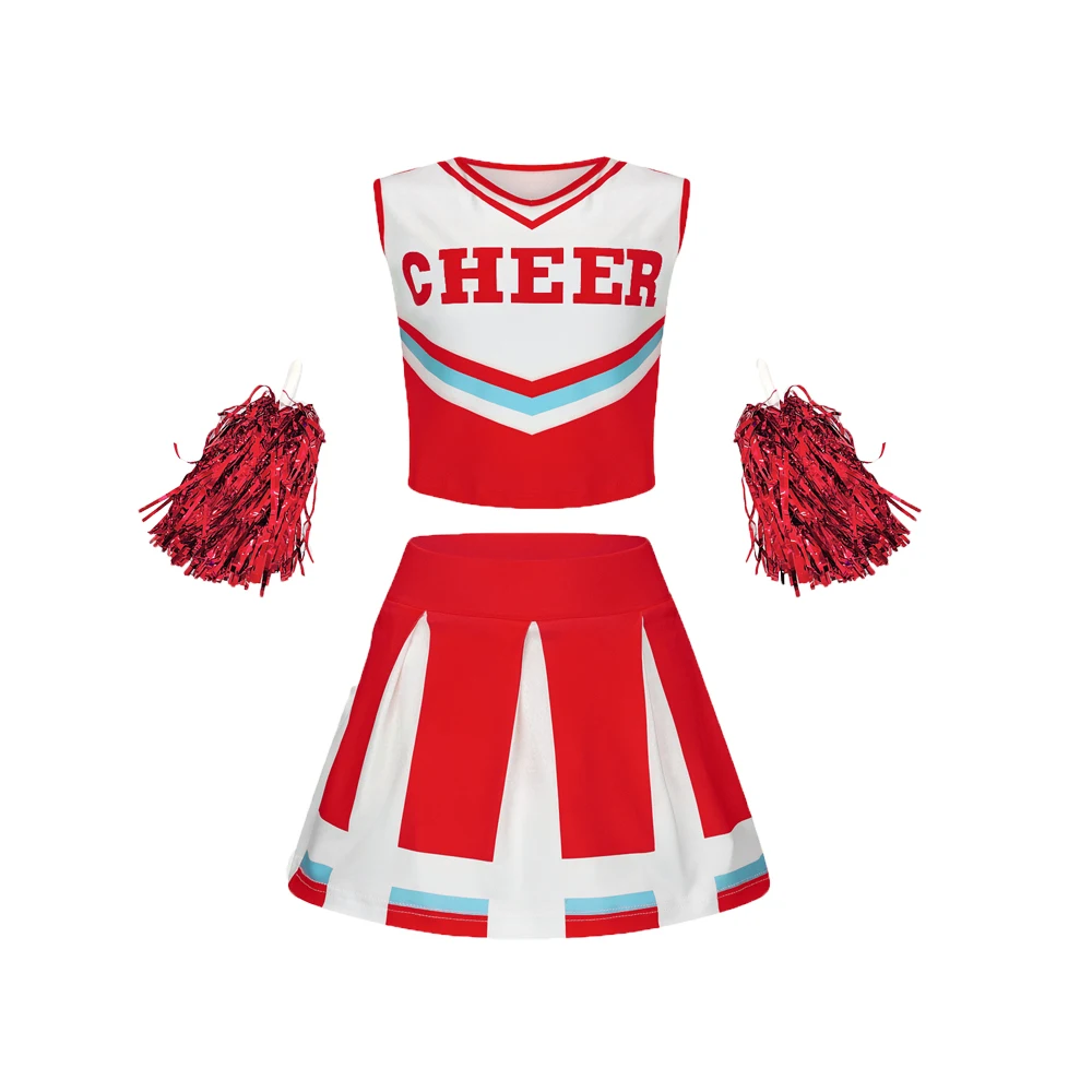 2Pcs Cheerleading Uniforms Sleeveless Crop Top Pleated Skirt Set Costume Kids Girls Dance Costume Printed Vest Pleated Skirt