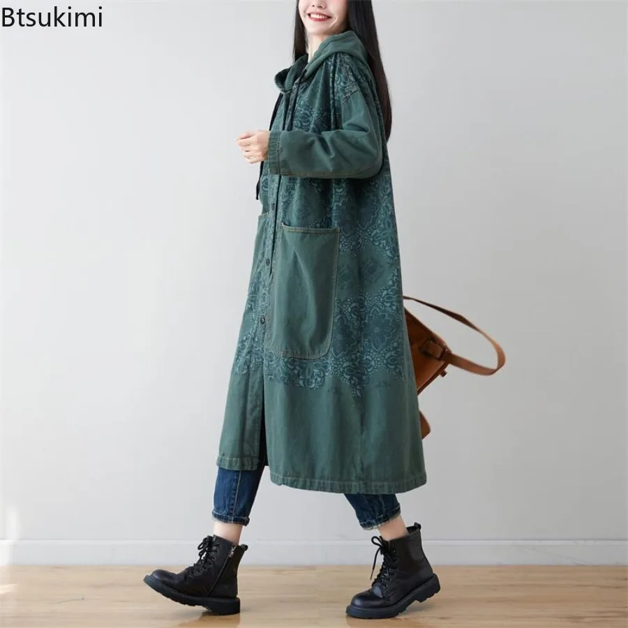 2025 Autumn New Women's Korean Fashion Trench Coats Loose Casual Vintage Print Hooded Cardigan Jacket Ladies Harajuku Streetwear