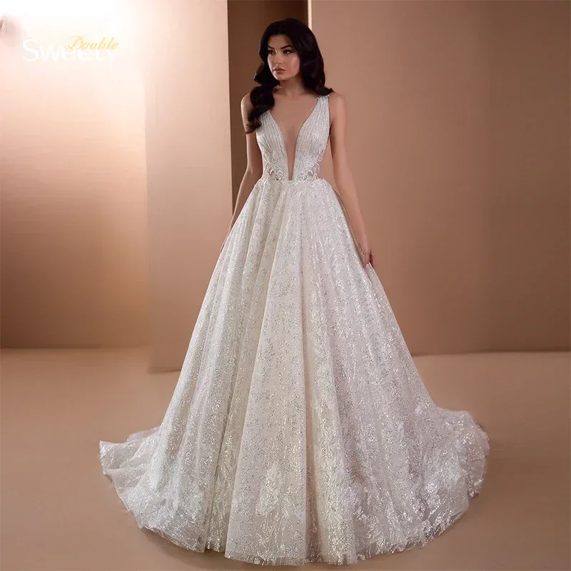 Luxe trouwjurk organza met borduurwerk a-lijn baljurk mouwloos o-hals bruidsjurk knop op maat vestido de novia