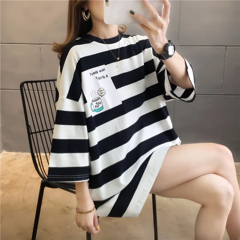 Y2K New Summer Women Half Sleeve Tops Tees INS Fashion Casual Loose Striped Crop T-shirt O-neck Cotton Ladies Pullover Tshirts