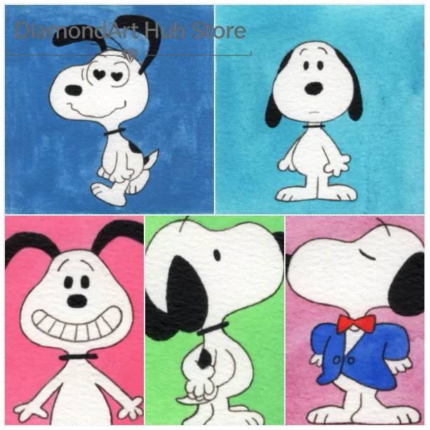 5D DIY Diamond Painting Cute Snoopy Peanuts Cartoon Art, Watercolor Snoopy Multi Expressions, Heart Eyes, Smile, Suit With