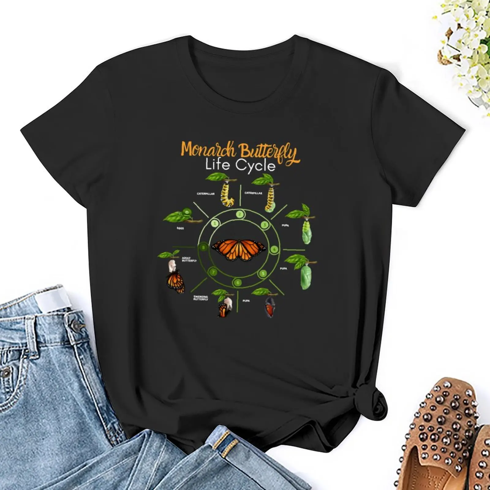 เสื้อยืดลาย monarch butterfly LIFE CYCLE เสื้อผ้าฮิปปี้ไซส์ใหญ่พิเศษเสื้อยืดครอปสำหรับผู้หญิง