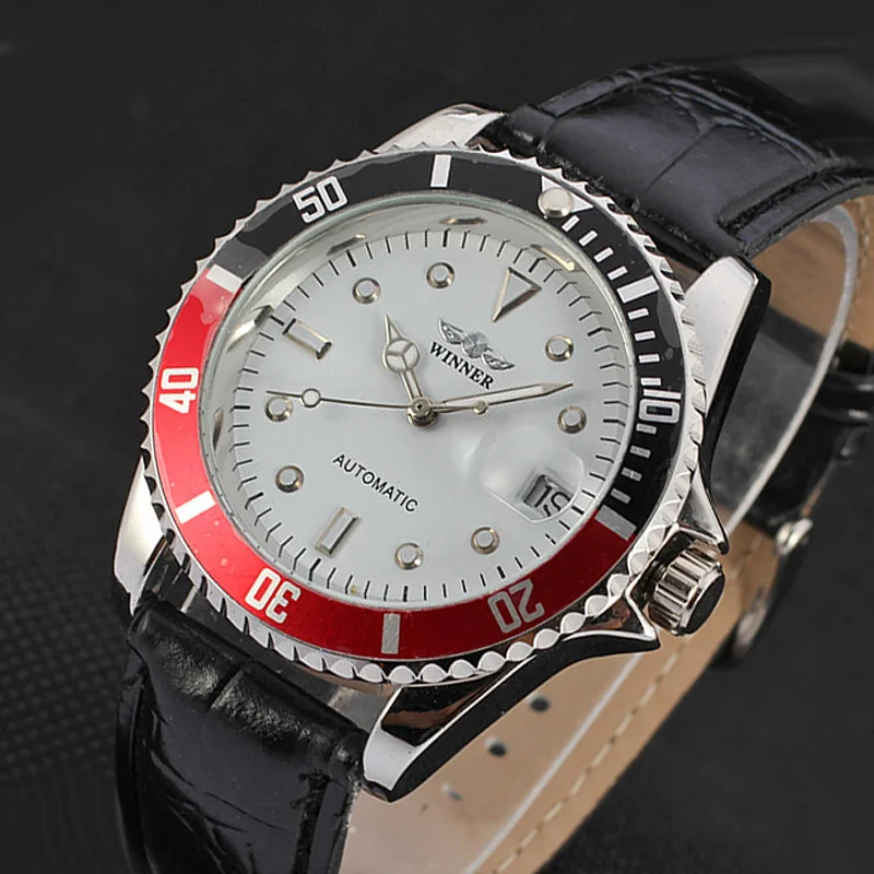 

WINNER Watch Men Unique Rotating Bezel Sport Watches Leather Band Auto Date Mechanical Automatic Wristwatches Men Reloj Hombre