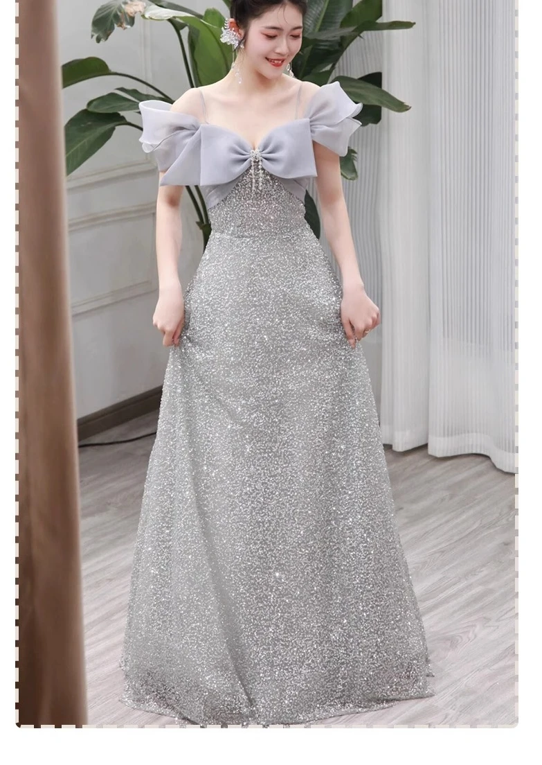 Sukienka wieczorowa L-4XL Duży Rozmiar Elegancka Cekinowa Duża Kokarda Dekolt Hiszpanka 2025 Nowa Sznurowana Wysoki Stan Sukienki Balowe Księżniczki Długie Do Podłogi