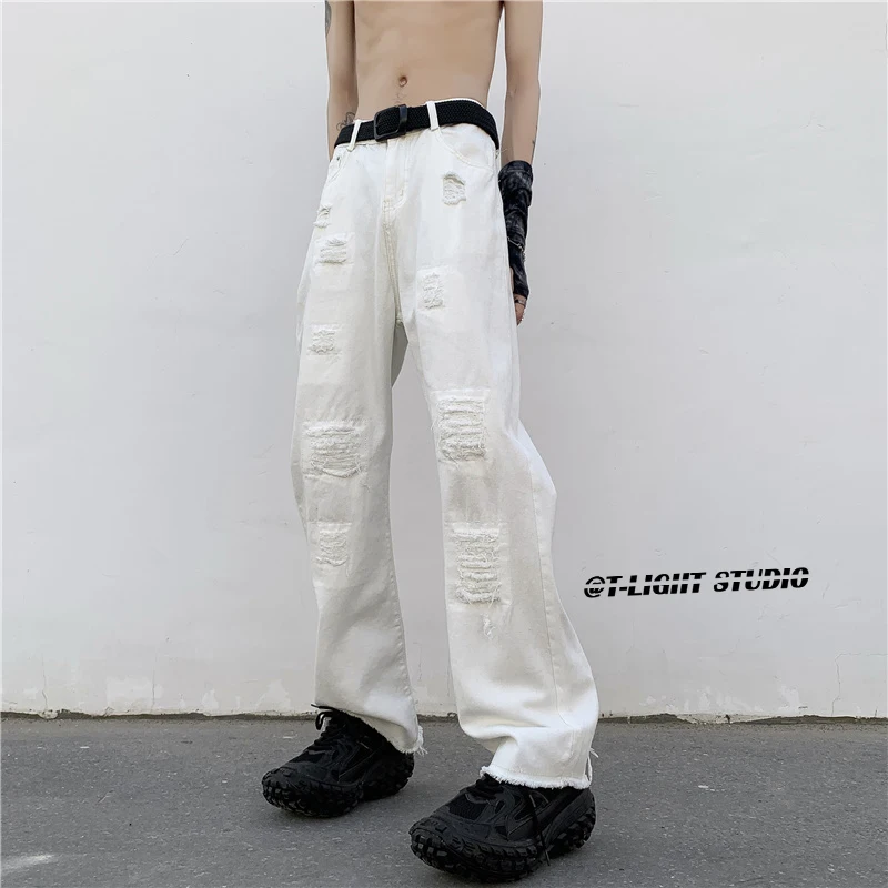 

Street Style Men's Ripped Frayed Denim Jeans Casual High Street Vibe Trendy Brand Versatile Wide Leg White Casual Long Pants