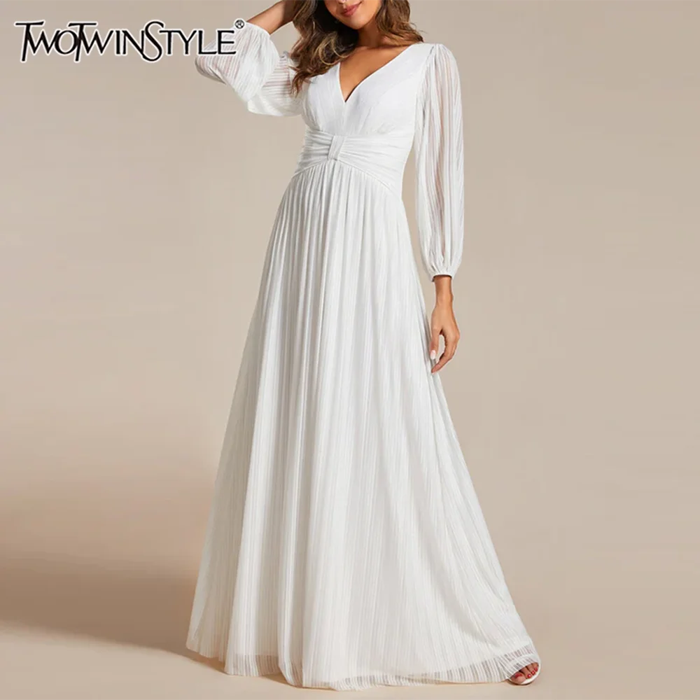 

TWOTWINSTYLE однотонные свободные повседневные платья со складками для женщин, туника с v-образным вырезом и длинными рукавами, темпераментное платье, женская одежда, новинка