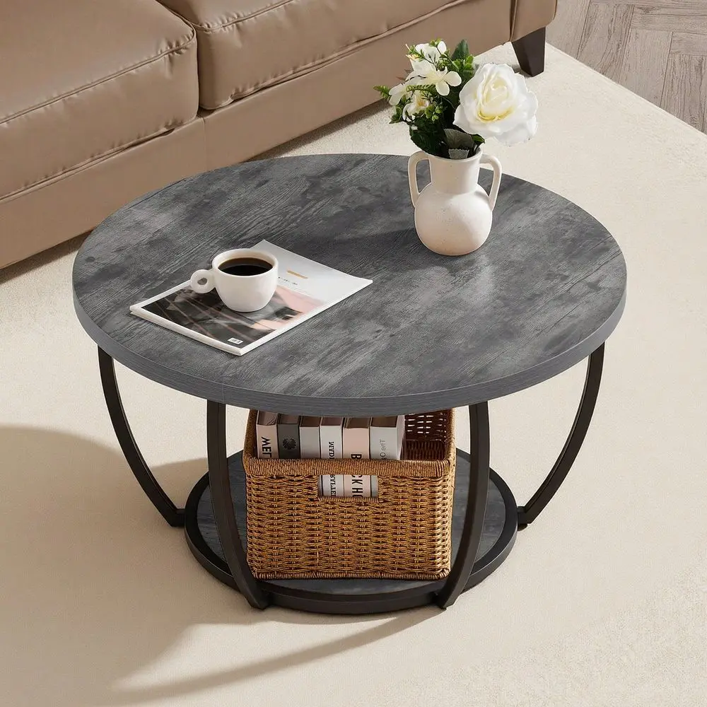 Table, Modern Round Coffee Table, 2 Tiers Wooden Circle Center Desk With Open Storage, Minimalist Sturdy Metal Frame Accent End