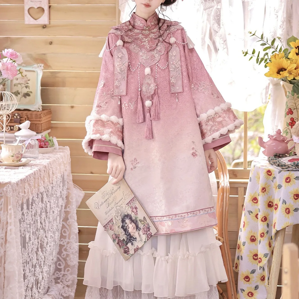 Peach Mist Flower Rain Original Hanfu Women's Chinese Style New Lolita Dress Cheongsam Spring/outumn Cloud Shoulder Skirt Set