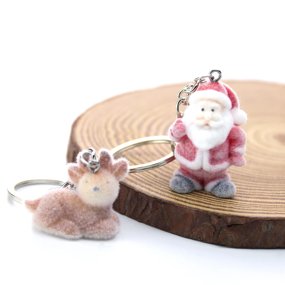 20Pcs 3D Cute Flocking Cartoon Santa Claus Elk Christmas Charms Christmas Decoration Resin Pendant For Keychain DIY Jewelry Make