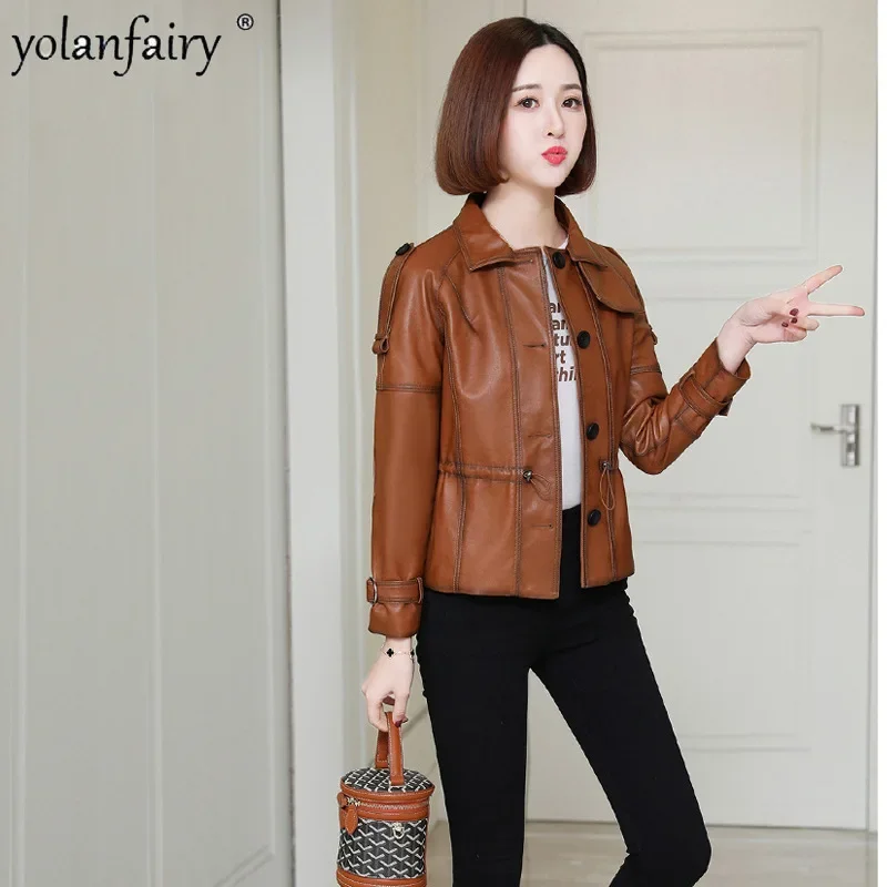 YOLANFAIRY Cappotto in vera pelle da donna a vita corta sottile giacca da motociclista coreana colletto quadrato femminile giacche in pura pelle di pecora FC