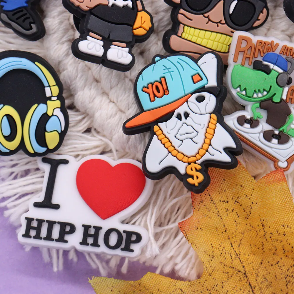 10-16PCS Hip Hop Punk Love Peace Singer Heart Butterfly Flower PVC Shoe Charms For Clog Pins Sandal Shoes Accessories Decoration