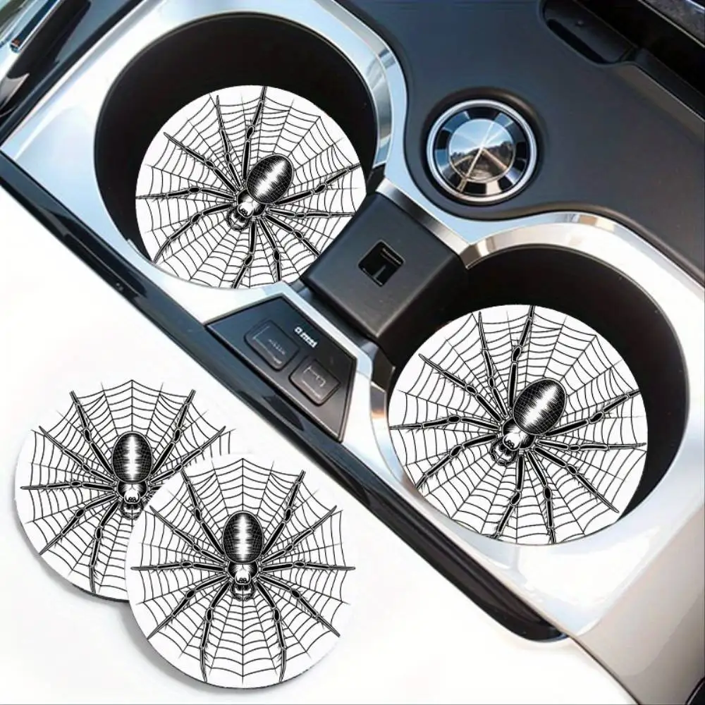 Spider Pattern Absorbent Car Cup Mats 2pcs Universal Anti-slip Car Coasters Random Stamping Position